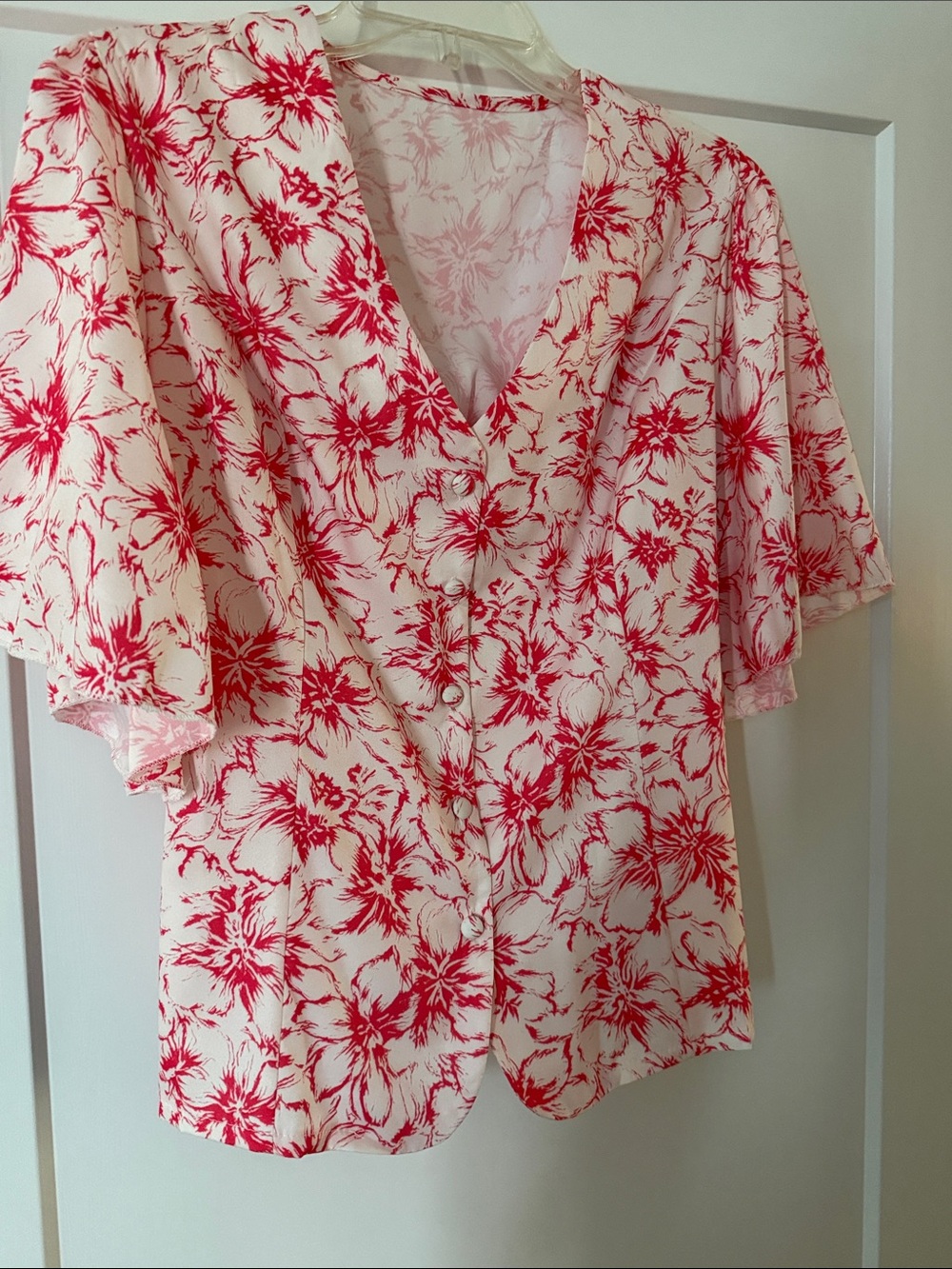 Women's V-Neck Floral Button-Front Blouse in White and Red